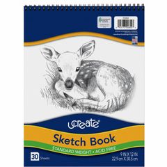 Medium Weight Acid Free Sketch Books, 30 Sheets, Spiral, 9" x 12", White Paper, Acid-free, Mediumweight, Recycled, 30 / Pad