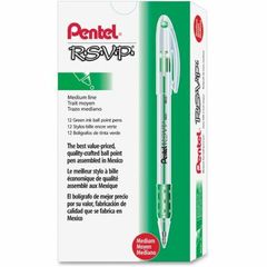 R.S.V.P. Ballpoint Stick Pens, Medium Pen Point, 1 mm Pen Point Size, Refillable, Green, Clear Barrel, 1 Dozen