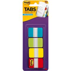Tabs in On-the-Go Dispenser, 88 Write-on Tab(s), 1.50" Tab Height x 1" Tab Width, Blue, Green, Yellow, Red Tab(s), Repositionable, 88 / Pack