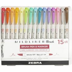 MILDLINER Dual Ended Brush Pen & Marker Set, Medium Pen Point, Fine Marker Point, Brush Pen Point Style, Bullet Marker Point Style, Assorted Pigment-based Ink, White Barrel, 15 / Pack