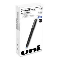 Roller Ball Pen, Stick, Extra-Fine 0.5 mm, Blue Ink, Black/Blue Barrel, Dozen